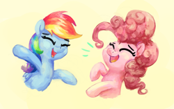 Size: 3649x2287 | Tagged: safe, artist:aemantaslim, derpibooru import, pinkie pie, rainbow dash, earth pony, pegasus, pony, atg 2019, duo, eyes closed, newbie artist training grounds, simple background, yellow background