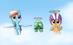 Size: 1600x1000 | Tagged: safe, artist:majupaju, derpibooru import, rainbow dash, scootaloo, tank, pegasus, pony, atg 2019, flying, helmet, newbie artist training grounds, scootaloo can fly