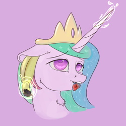 Size: 3000x3000 | Tagged: safe, artist:drafthoof, princess celestia, alicorn, pony, ahegao, banana, bust, cheek fluff, colored pupils, drool, female, floppy ears, food, magic, mare, neck fluff, open mouth, portrait, simple background, solo, telekinesis, that pony sure does love bananas, tongue out, wat