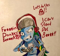 Size: 929x860 | Tagged: safe, artist:austin624fan, derpibooru import, rainbow dash, equestria girls, angry, beats, dashiegames, dashiexp, female, headgear, headphones, implied donkey kong, meme, namesake, rage, rage face, ragebow dash, solo, traditional art, video game, vulgar