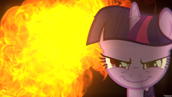 Size: 1920x1080 | Tagged: safe, artist:lunati, derpibooru import, twilight sparkle, badass, evil face, evil grin, fire, grin, smiling, solo, wallpaper