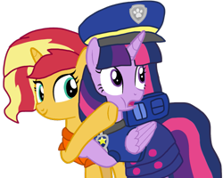 Size: 1277x1023 | Tagged: safe, artist:徐詩珮, sunset shimmer, twilight sparkle, twilight sparkle (alicorn), alicorn, pony, series:sprglitemplight diary, series:sprglitemplight life jacket days, series:springshadowdrops diary, series:springshadowdrops life jacket days, alternate universe, base used, chase (paw patrol), clothes, female, lesbian, lifejacket, paw patrol, shipping, simple background, sunsetsparkle, transparent background