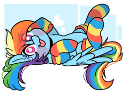 Size: 4000x3000 | Tagged: safe, artist:befishproductions, rainbow dash, pegasus, pony, :p, abstract background, armpits, blush sticker, blushing, clothes, cute, dashabetes, eye clipping through hair, heart, heart eyes, looking at you, on back, rainbow socks, socks, solo, striped socks, thigh highs, tongue out, wingding eyes