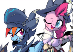 Size: 1453x1027 | Tagged: safe, alternate version, artist:satv12, derpibooru import, pinkie pie, rainbow dash, earth pony, pegasus, pony, armor, bard, bow, dragoon, fantasy class, female, final fantasy, final fantasy xiv, hat, kain highwind, lance, one eye closed, weapon, wink