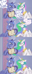 Size: 1366x3072 | Tagged: safe, artist:chibadeer, princess celestia, princess luna, alicorn, pony, :t, book, comic, crying, sad