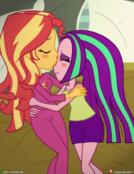 Size: 3090x4000 | Tagged: safe, artist:dieart77, aria blaze, sunset shimmer, equestria girls, bed, blushing, clothes, commission, cuddling, digital art, female, kissing, lesbian, pajamas, pillow, shipping, sleeveless, smiling, sunblaze, tanktop