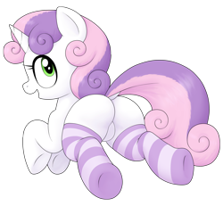 Size: 3000x2767 | Tagged: safe, artist:poole, edit, sweetie belle, pony, unicorn, blank flank, butt, clothes, cute, diasweetes, dock, female, filly, green eyes, looking at you, looking back, looking back at you, open mouth, open smile, plot, rear view, simple background, smiling, smiling at you, socks, striped socks, sweetie butt, thigh highs, transparent background