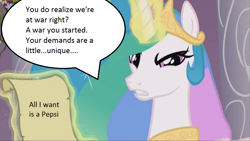 Size: 1100x619 | Tagged: safe, edit, edited screencap, screencap, princess celestia, alicorn, pony, the crystal empire, bust, dialogue, levitation, looking at you, magic, pepsi, portrait, scroll, soda, solo, telekinesis