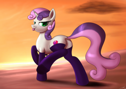 Size: 3508x2480 | Tagged: safe, artist:jeki, edit, sweetie belle, pony, unicorn, bedroom eyes, clothes, dock, female, green eyes, older, older sweetie belle, smiling, socks, solo, stockings, sunset, thigh highs, tongue out