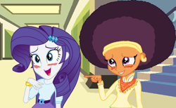 Size: 2000x1231 | Tagged: safe, artist:ameyal, artist:ktd1993, artist:rarespirit611, edit, rarity, saffron masala, equestria girls, afro, blushing, canterlot high, equestria girls-ified, female, lesbian, raffron, shipping