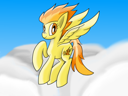 Size: 2000x1500 | Tagged: safe, artist:notadeliciouspotato, derpibooru import, spitfire, pegasus, pony, cloud, female, flying, mare, sky, smiling, solo, spread wings, wings