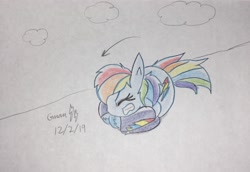 Size: 2238x1537 | Tagged: safe, artist:gmangamer25, derpibooru import, rainbow dash, pegasus, pony, arrow, ball, cloud, crossover, curled up, eyes closed, female, gritted teeth, mare, rainball, rolling, solo, sonic the hedgehog (series), spin dash, traditional art