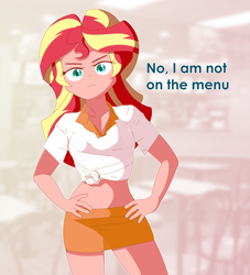 Size: 6060x6662 | Tagged: safe, artist:vidorii, sunset shimmer, human, equestria girls, burger, clothes, food, front knot midriff, hands on hip, hay burger, looking at you, midriff, skirt, smiling, solo, text