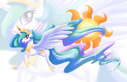 Size: 800x518 | Tagged: safe, artist:arcadianphoenix, princess celestia, alicorn, pony, cutie mark, female, flying, looking at you, mare, smiling, solo, sun, zoom layer