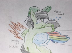 Size: 2088x1536 | Tagged: safe, artist:gmangamer25, derpibooru import, rainbow dash, oc, oc:gamer blitz, pegasus, pony, ball, female, male, mare, rainball, sonic the hedgehog (series), spin dash, stallion, traditional art