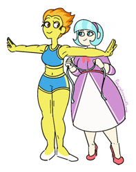 Size: 1072x1363 | Tagged: safe, artist:ponyretirementhome, derpibooru import, coco pommel, spitfire, equestria girls, abs, armpits, belly button, clothes, cocofire, dress, equestria girls-ified, female, headband, high heels, lesbian, looking at each other, measuring tape, muscles, shipping, shoes, simple background, socks, sports bra, sports shorts, white background