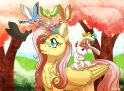 Size: 1024x756 | Tagged: safe, artist:inuhoshi-to-darkpen, angel bunny, fluttershy, bird, pegasus, pony, cute, cute little fangs, floral head wreath, flower, patreon, patreon logo, shyabetes, wreath