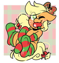 Size: 2903x3107 | Tagged: safe, artist:befishproductions, applejack, earth pony, pony, apple in mouth, bow, clothes, cute, hair bow, heart eyes, jackabetes, one eye closed, socks, solo, striped socks, thigh highs, wingding eyes, wink