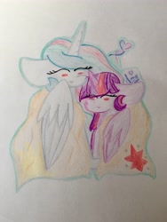 Size: 3024x4032 | Tagged: safe, artist:beaniesribblesalot, princess celestia, twilight sparkle, twilight sparkle (alicorn), alicorn, pony, blanket, blushing, chibi, female, lesbian, magic, shipping, snuggling, twilestia