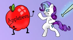 Size: 500x273 | Tagged: safe, artist:askrainbowballoon, rarity, pony, unicorn, apple, applebee's, baseball bat, female, fight, food, funny, levitation, magic, mare, meme, rarity fighting a giant applebee's, request, telekinesis, weapon, wingardium leviosa