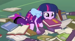 Size: 1273x709 | Tagged: safe, derpibooru import, screencap, twilight sparkle, equestria girls, berk, book