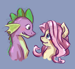 Size: 1280x1177 | Tagged: safe, artist:anastasia-airy, fluttershy, spike, dragon, pegasus, pony, blushing, bust, female, flutterspike, looking at each other, love, male, portrait, shipping, simple background, smiling, straight