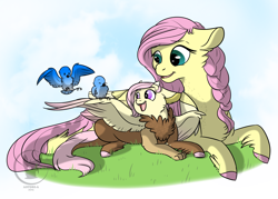 Size: 1400x1000 | Tagged: safe, artist:bluesidearts, fluttershy, oc, oc:panacea, bird, hybrid, pegasus, pony, braid, female, interspecies offspring, mother and child, mother and daughter, offspring, parent and child, parent:discord, parent:fluttershy, parents:discoshy