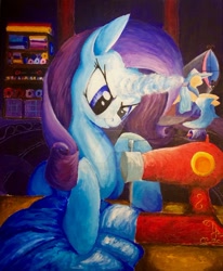 Size: 1024x1243 | Tagged: safe, artist:colorsceempainting, rarity, spike, dragon, pony, unicorn, the best night ever, the show stoppers, carousel boutique, female, male, night, shipping, solo focus, sparity, straight, traditional art, watermark, working, workshop