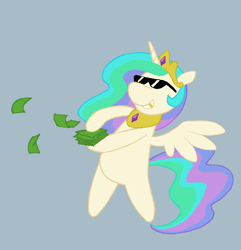 Size: 900x933 | Tagged: safe, artist:bra1neater, princess celestia, alicorn, pony, 1000 hours in ms paint, bipedal, gold tooth, money, ms paint, smiling, solo, sunglasses