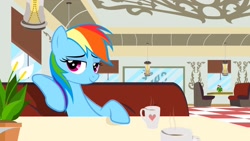 Size: 1920x1080 | Tagged: safe, artist:klaifferon, derpibooru import, screencap, rainbow dash, pegasus, pony, the saddle row review, bedroom eyes, cafe, hooves on the table, looking at you, mug, sexy, sitting, smiling, solo