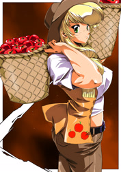 Size: 2500x3535 | Tagged: safe, artist:hinomars19, applejack, human, anime, apple, applerack, basket, breasts, carrying, clothes, female, high res, humanized, light skin, looking at you, solo, urushihara satoshi, working