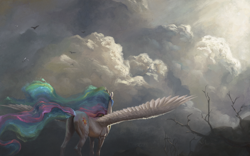 Size: 1980x1238 | Tagged: safe, artist:bra1neater, princess celestia, alicorn, pony, cloud, female, fine art emulation, mare, plot, scenery, solo, spread wings, wings