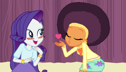 Size: 2000x1150 | Tagged: safe, artist:discorded-joker, artist:ktd1993, artist:thebarsection, edit, rarity, saffron masala, equestria girls, afro, blowing a kiss, blushing, female, lesbian, raffron, shipping