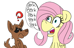 Size: 873x569 | Tagged: safe, artist:cowsrtasty, fluttershy, dog, pegasus, pony, bork, confused, doggo, female, mare, open mouth, question mark, raised eyebrow, simple background, sitting, smiling, swedish chef, transparent background, wide eyes