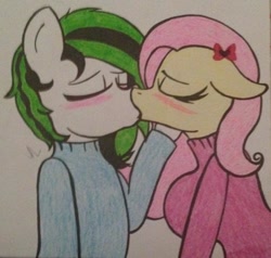 Size: 500x476 | Tagged: artist needed, safe, fluttershy, oc, oc:thunder scratch, anthro, canon x oc, kissing, shipping