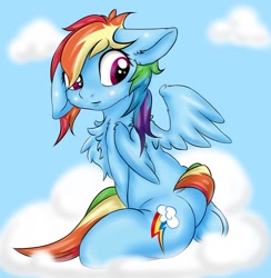 Size: 1024x1049 | Tagged: safe, artist:rurihal, derpibooru import, rainbow dash, pegasus, pony, anatomically incorrect, chest fluff, cloud, floppy ears, incorrect leg anatomy, solo