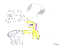 Size: 3282x2511 | Tagged: safe, artist:endlesswire94, fluttershy, pegasus, pony, bag, doing time, parody, sock, spongebob squarepants, traditional art, yelling