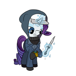 Size: 1280x1280 | Tagged: safe, artist:phat_guy, derpibooru exclusive, rarity, pony, unicorn, brotherhood of arms, cap, clothes, crossover, dagger, enthusiast's timepiece, female, glowing horn, hat, hood, hoodie, knife, looking at something, looking down, magic, mare, melee, melee weapon, pants, raised leg, rarispy, simple background, solo, spy, standing, suit, sweater, team fortress 2, telekinesis, transparent background, turtleneck, video game, watch, weapon, wristwatch, your eternal reward