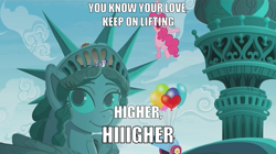 Size: 879x492 | Tagged: safe, edit, edited screencap, screencap, maud pie, pinkie pie, rarity, earth pony, pony, unicorn, the gift of the maud pie, balloon, female, ghostbusters, ghostbusters 2, higher and higher, jackie wilson, mare, party cannon, passion pit, song reference, statue of liberty, text