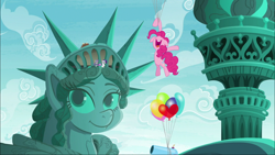 Size: 1920x1080 | Tagged: safe, screencap, maud pie, pinkie pie, rarity, earth pony, pony, unicorn, the gift of the maud pie, balloon, bird nest, party cannon, statue of liberty