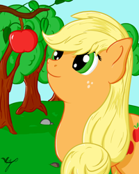 Size: 1024x1280 | Tagged: safe, artist:taxar, applejack, earth pony, pony, apple, colored, grass, hatless, missing accessory, smiling, solo, tree