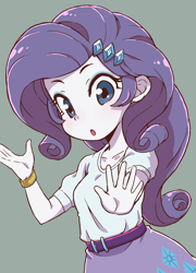 Size: 1512x2098 | Tagged: safe, artist:nazonazopowerfu, rarity, equestria girls, belt, bracelet, clothes, cute, female, green background, hairpin, jewelry, looking at you, raribetes, shirt, simple background, skirt, solo