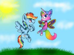 Size: 1024x768 | Tagged: safe, derpibooru import, rainbow dash, cat, pegasus, pony, butterfly wings, cloud, collar, crossover, crossover shipping, felicidash, felicity, female, flying, fur, grass, horn, interspecies, lesbian, looking at each other, rainbow butterfly unicorn kitty, rbuk, shipping, sky, smiling, sun, wings