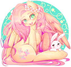 Size: 1024x961 | Tagged: safe, artist:magicalgirlmayhem, angel bunny, fluttershy, pegasus, pony, floral head wreath, sitting, spread wings, watermark