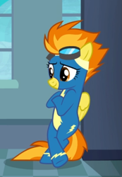 Size: 423x612 | Tagged: safe, derpibooru import, screencap, spitfire, pegasus, pony, newbie dash, bipedal, bipedal leaning, clothes, cool, cropped, crossed hooves, female, leaning, mare, smiling, solo, uniform, wonderbolts uniform