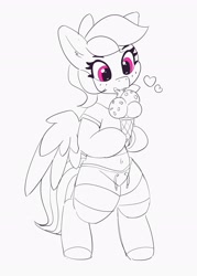 Size: 2440x3402 | Tagged: safe, artist:pabbley, derpibooru import, rainbow dash, pegasus, pony, belly button, bipedal, clothes, cute, dashabetes, female, food, heart, high res, holding, ice cream, ice cream cone, licking, mare, midriff, monochrome, neo noir, open mouth, partial color, short shirt, shorts, simple background, smiling, solo, spread wings, tongue out, white background, wings