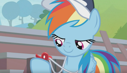 Size: 1473x851 | Tagged: safe, derpibooru import, screencap, rainbow dash, pegasus, pony, 2 4 6 greaaat, coach, coach rainbow dash, coaching cap, cute, dashabetes, female, lidded eyes, mare, rainbow dashs coaching whistle, solo, that pony sure does love whistles, this will end in deafness, whistle