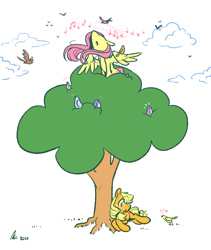 Size: 1280x1514 | Tagged: safe, artist:rwl, applejack, fluttershy, bird, earth pony, pegasus, pony, :o, appleshy, behaving like a bird, confession, eyes closed, female, heart, lesbian, mare, music notes, prone, resting, shipping, singing, spread wings, tree