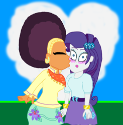 Size: 2000x2043 | Tagged: safe, artist:ktd1993, rarity, saffron masala, equestria girls, afro, blushing, equestria girls-ified, female, kissing, lesbian, raffron, shipping, shocked expression