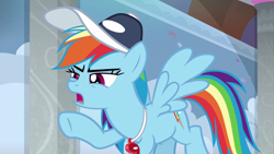 Size: 1920x1080 | Tagged: safe, derpibooru import, screencap, rainbow dash, pegasus, pony, 2 4 6 greaaat, cap, female, hat, mare, open mouth, raised hoof, solo, spread wings, wings